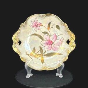 Vintage Trimont Ware Japan Luster Scalloped Pink Lily Gold Trimmed Plate Bowl